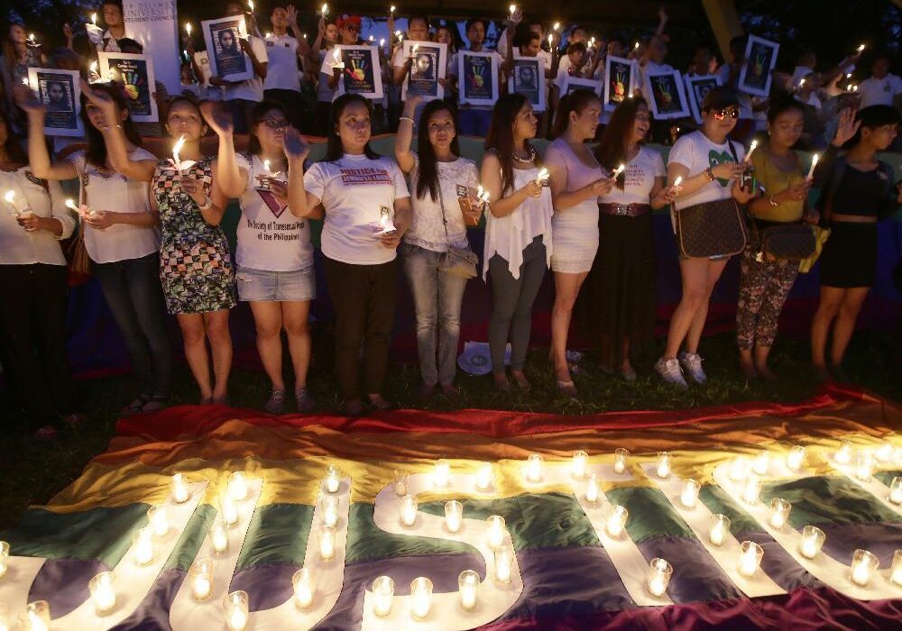 Demonstrators at the University of the Philippines campus denounce the slaying of trans woman Jennifer Laude, on Friday, Oct. 24, 2014.Bullit Marquez / The Associated Press 